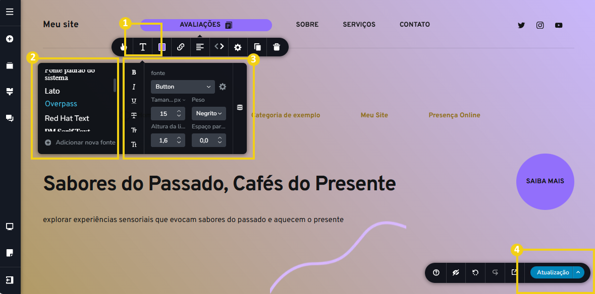 Imagem mostra a tela do editor do Criador de Sites com IA, com marcação nas configurações de fonte