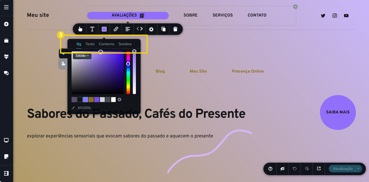 Imagem mostra a tela do editor do Criador de Sites com IA, com marcação nas opções que tem disponível para configurar as cores