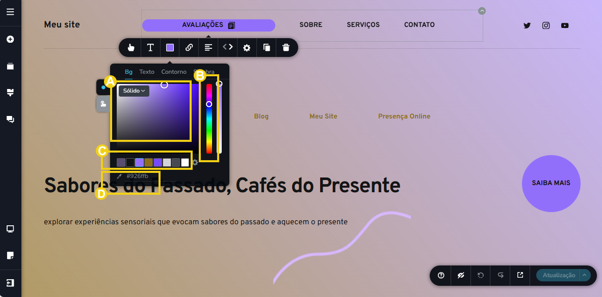 Imagem mostra a tela do editor do Criador de Sites com IA, com marcação nas nos recursos para definir as cores