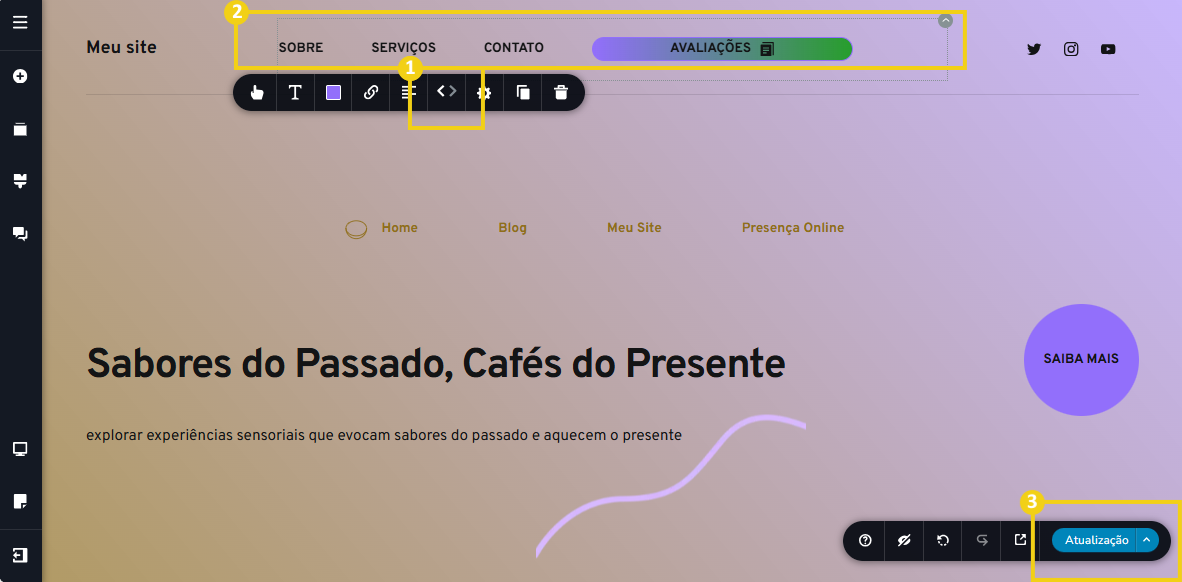Imagem mostra a tela do editor do Criador de Sites com IA, com marcação no recurso para mudar a posição