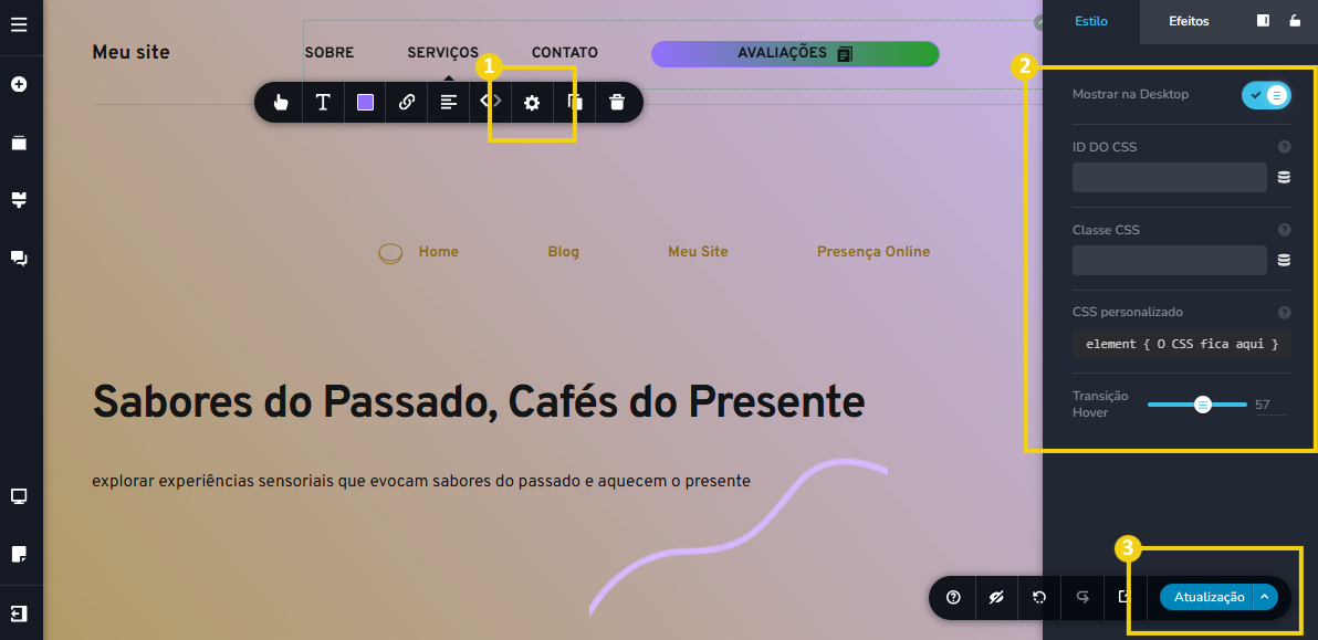 Imagem mostra a tela do editor do Criador de Sites com IA, com marcação nas configurações de CSS