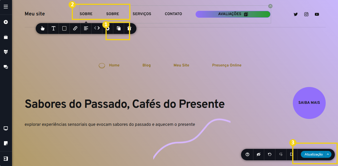 Imagem mostra a tela do editor do Criador de Sites com IA, com marcação no ícone que duplica o item de menu
