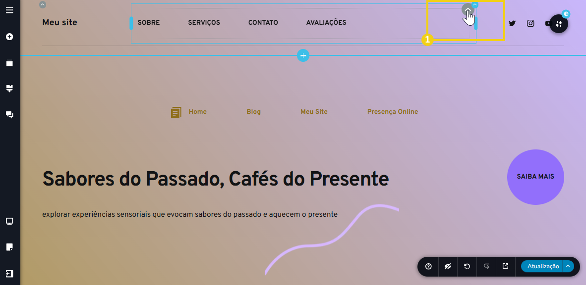 Imagem mostra a tela do editor do Criador de Sites com IA, com marcação nas configurações no ícone de seta