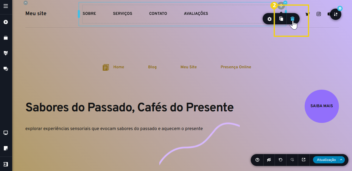 Imagem mostra a tela do editor do Criador de Sites com IA, com marcação nas configurações no  ícone de lixeira