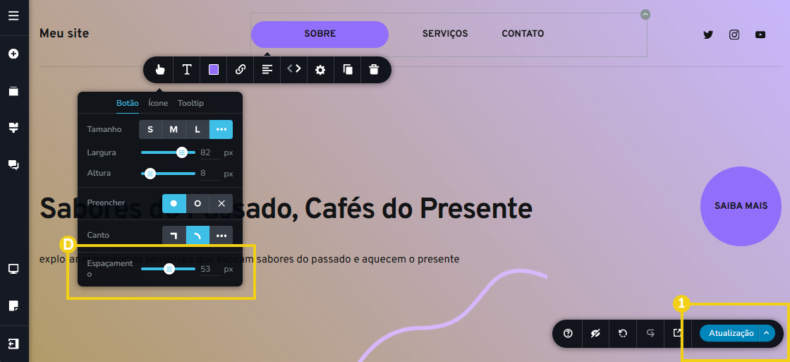 Imagem mostra a tela do editor do Criador de Sites com IA, com marcação nas configurações de espaçamento dos itens de menu e no botão para salva, que é chamado de "Atualização" 