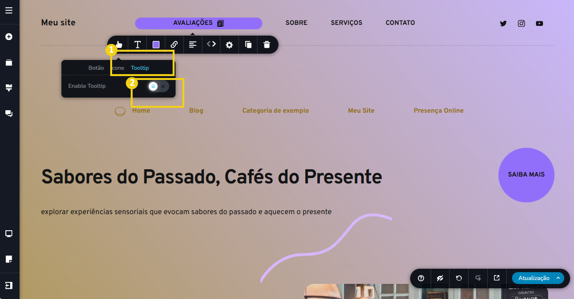 Imagem mostra a tela do editor do Criador de Sites com IA, com marcação no item "Tooltip' e o botão para ativar