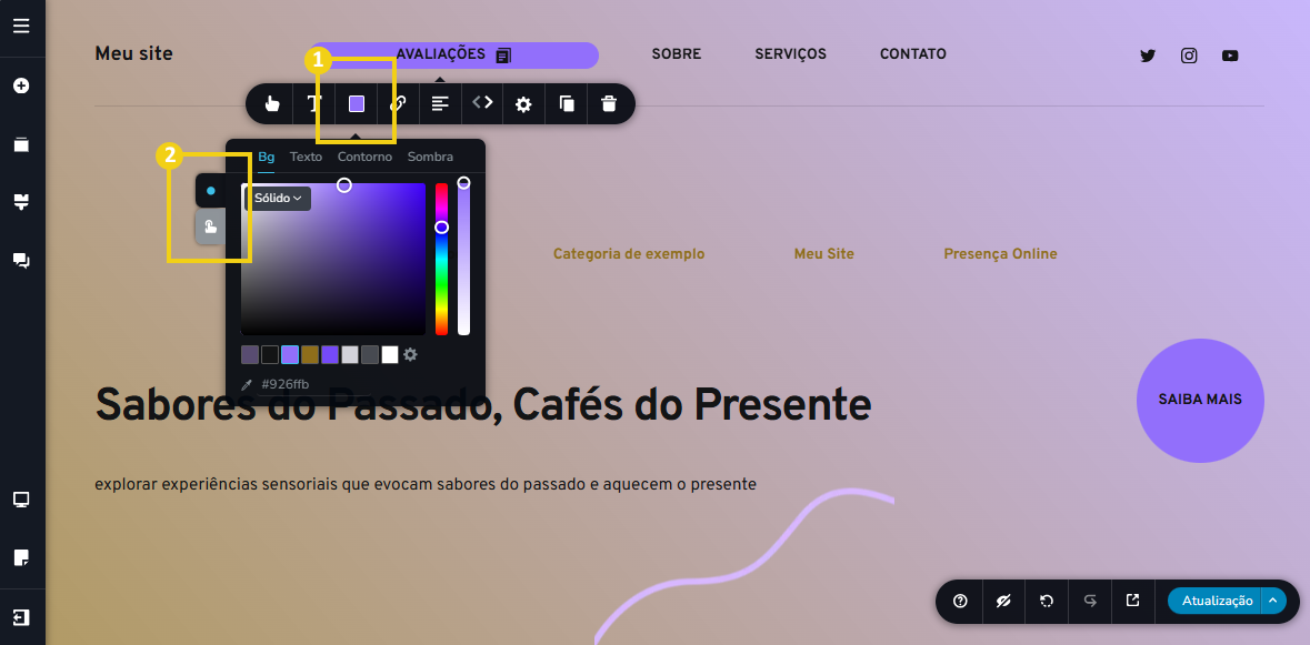 Imagem mostra a tela do editor do Criador de Sites com IA, com marcação nas configurações de cores