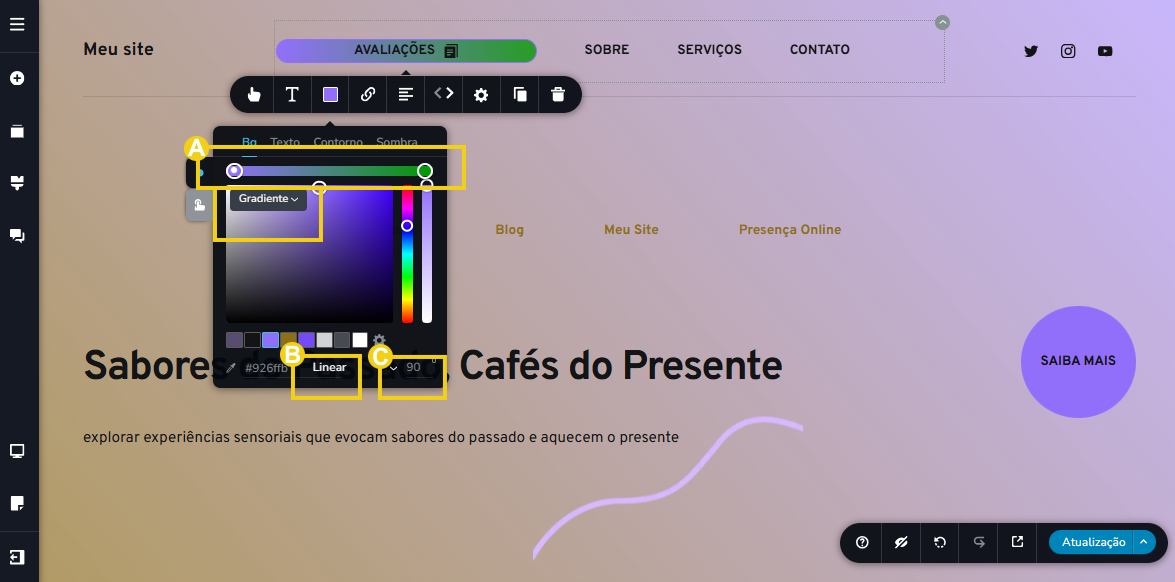 Imagem mostra a tela do editor do Criador de Sites com IA, com marcação nas configurações de fundo