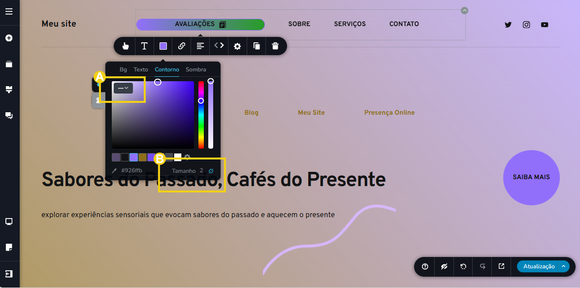 Imagem mostra a tela do editor do Criador de Sites com IA, com marcação nas configurações de contorno
