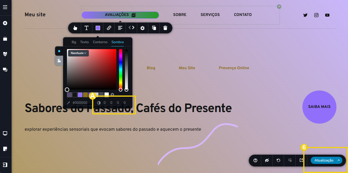 Imagem mostra a tela do editor do Criador de Sites com IA, com marcação nas configurações de sombra