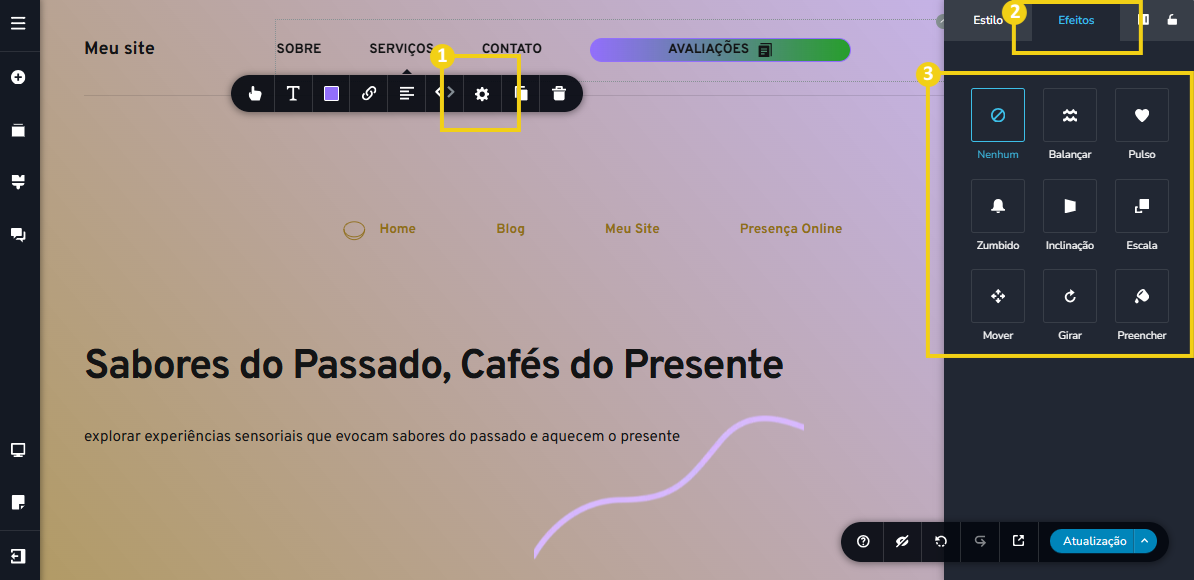 Imagem mostra a tela do editor do Criador de Sites com IA, com marcação nas configurações de efeitos