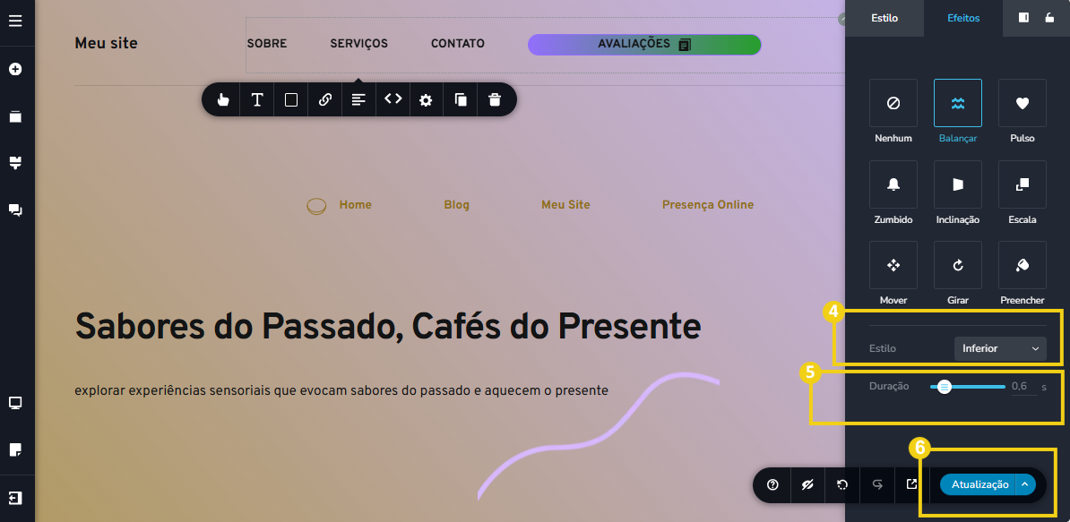 Imagem mostra a tela do editor do Criador de Sites com IA, com marcação nas configurações que são possíveis de acordo com o efeito escolhido