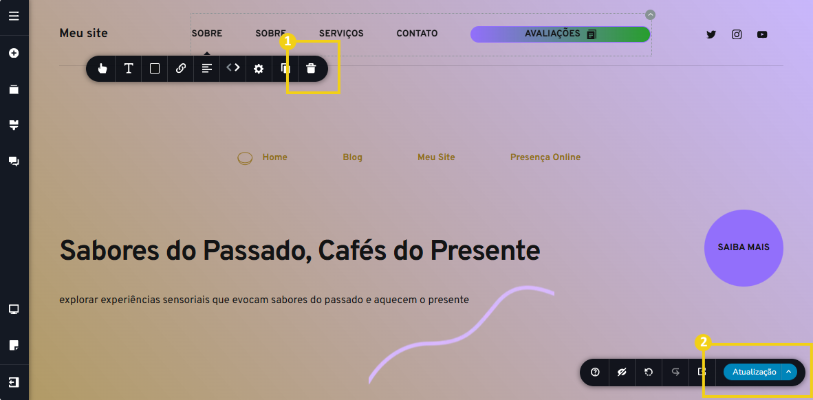 Imagem mostra a tela do editor do Criador de Sites com IA, com marcação no ícone que exclui o item de menu