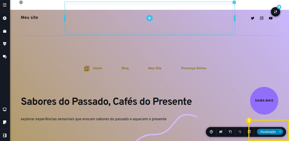 Imagem mostra a tela do editor do Criador de Sites com IA, com marcação nas configurações no botão para salvar as alterações, chamado de "Atualização"