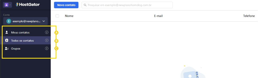 Menu de navegação lateral em um painel de gerenciamento de contatos, com as opções “Meus contatos”, “Todos os contatos” e “Grupos destacadas”.