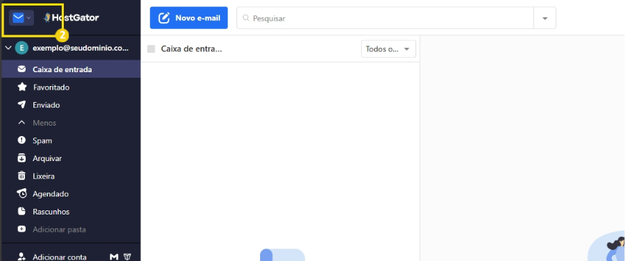 Tela do cliente de e-mail com o ícone de envelope acompanhado de um menu suspenso destacado na barra de navegação superior esquerda.