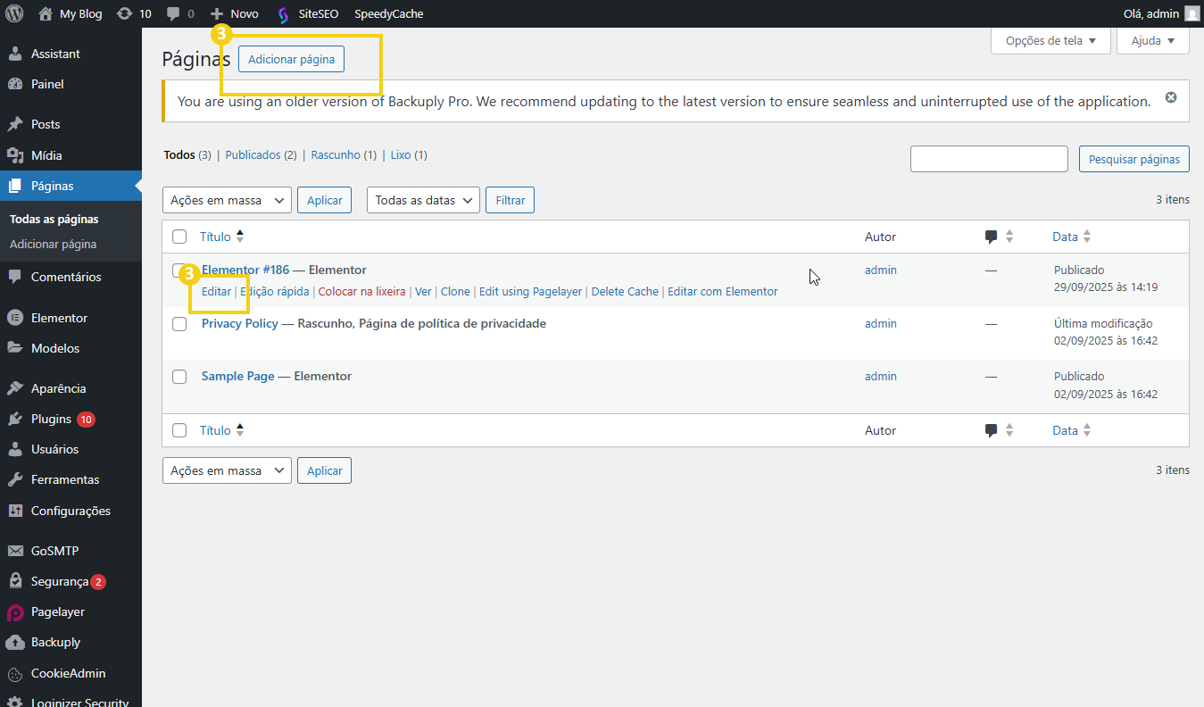 Imagem mostra tela "Páginas" do painel wp-admin do Wordpress. , destacando o botão "Adicionar página" do menu superior