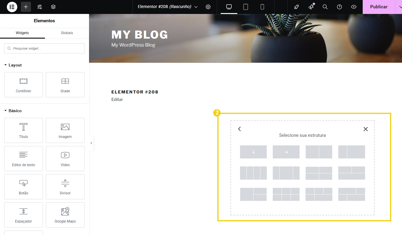 Imagem mostra tela de edição do plugin Elementor, destacando a opção de Layouts disponíveis
