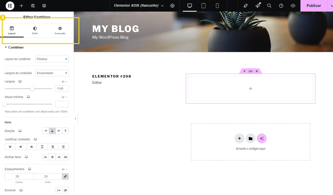 Imagem mostra tela de edição do plugin Elementor, destacando o menu lateral as opções para edição do Layout
