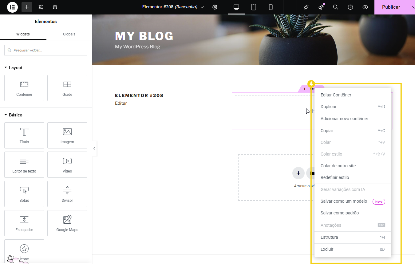 Imagem mostra tela de edição do plugin Elementor, destacando as opções para edição como: Duplicar, copiar, excluir, entre outras.