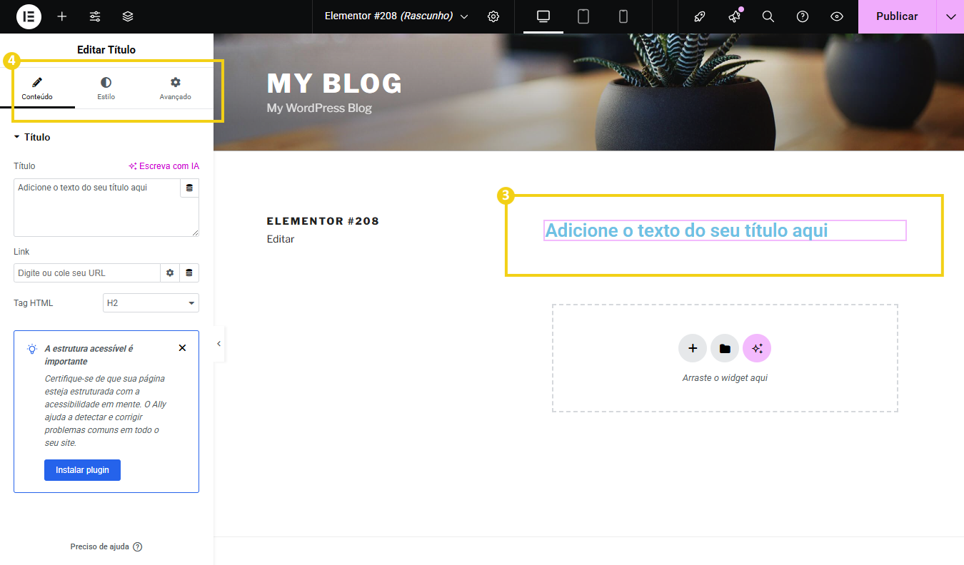 Imagem mostra tela de edição do plugin Elementor, destacando a opção "conteúdo" do menu lateral esquerdo