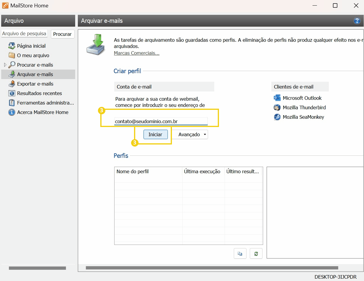 Tela de configuração de conta de email no MailStore Home, exibindo campo de entrada de endereço de email e botão iniciar.