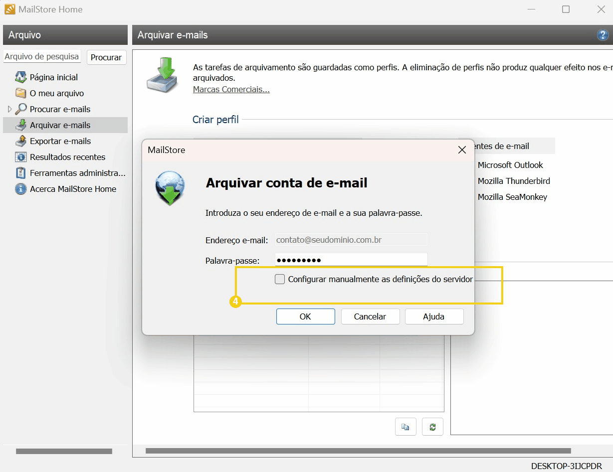  Captura de tela do processo de arquivamento de conta de e-mail no MailStore com destaque para a configuração manual das definições do servidor.