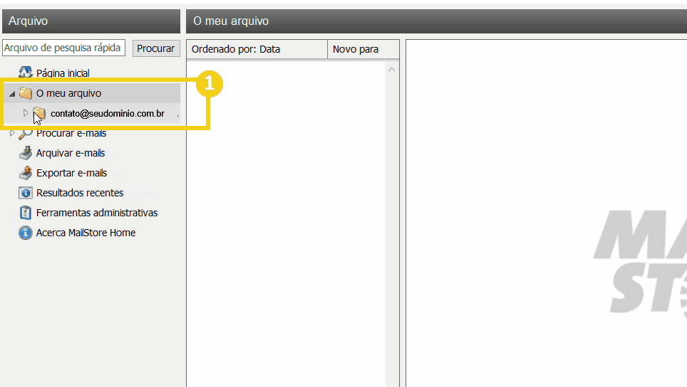 Tela mostra configuração do Mailstore home, dando destaque a opção do menu lateral esquerdo "o meu arquivo" e a conta de e-mail 