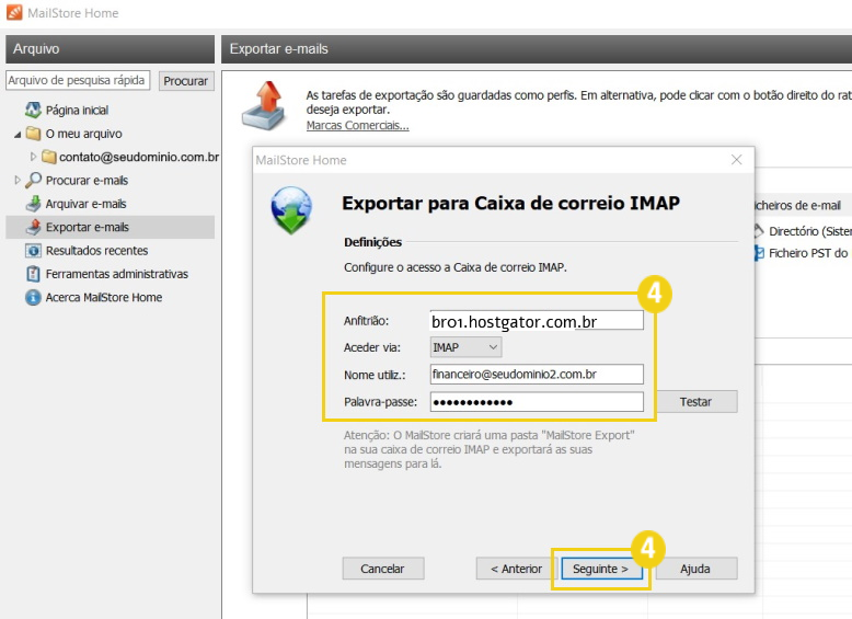 imagem mostra tela de configuração do mailstore home, com a janela "Exportar para caixa de correio IMAP" destaca e botão "Seguinte >"