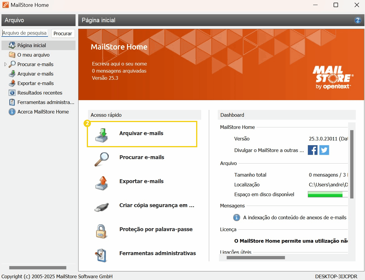  Tela do MailStore Home mostrando opção de arquivar e-mails