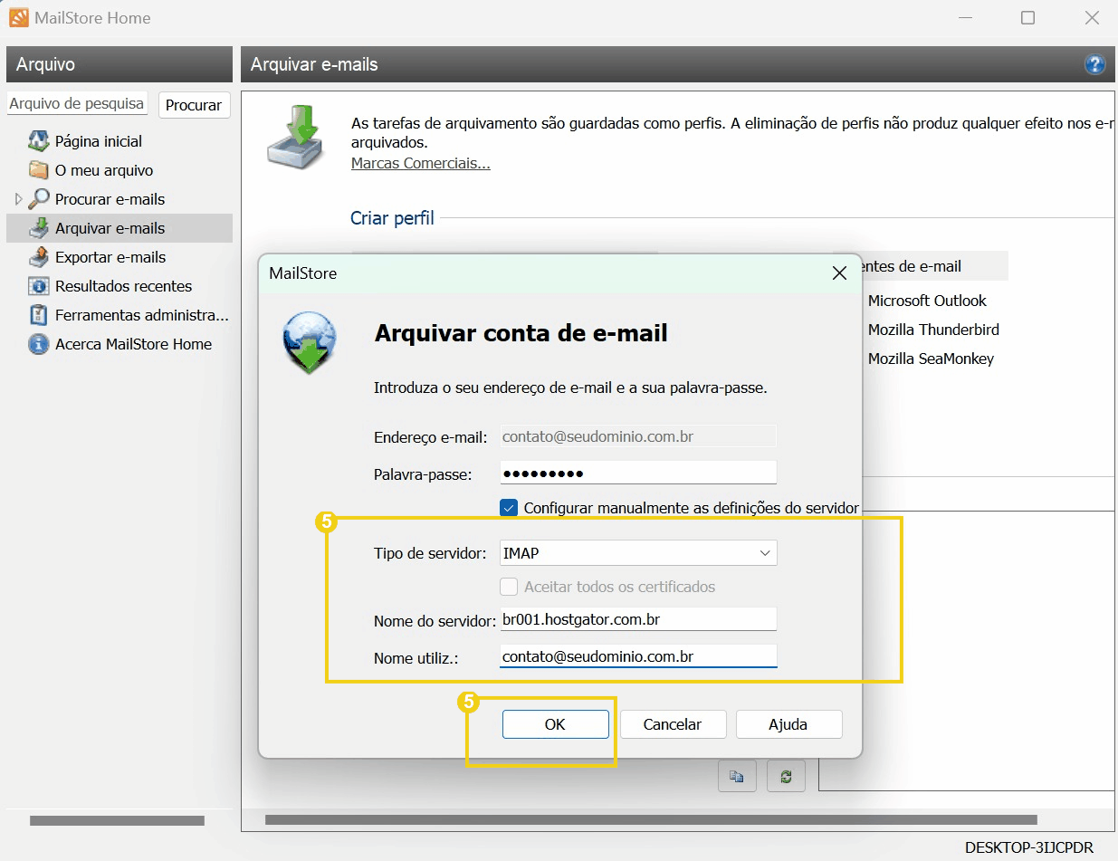 Configuração de cadastro de conta de e-mail no MailStore, incluindo servidor IMAP, nome do servidor e nome do usuário.