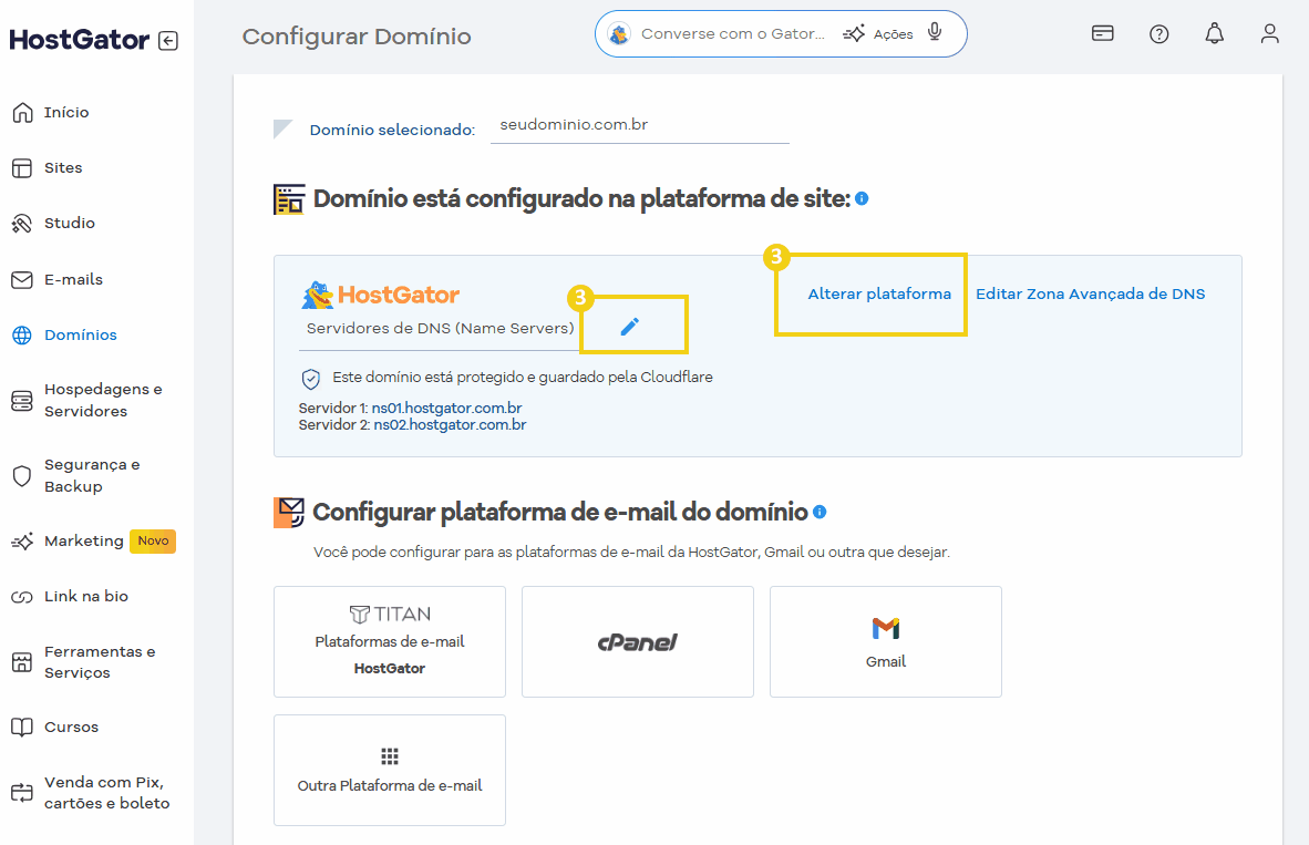  Imagem mostrando a configuração de domínio na plataforma HostGator, incluindo opções de DNS.