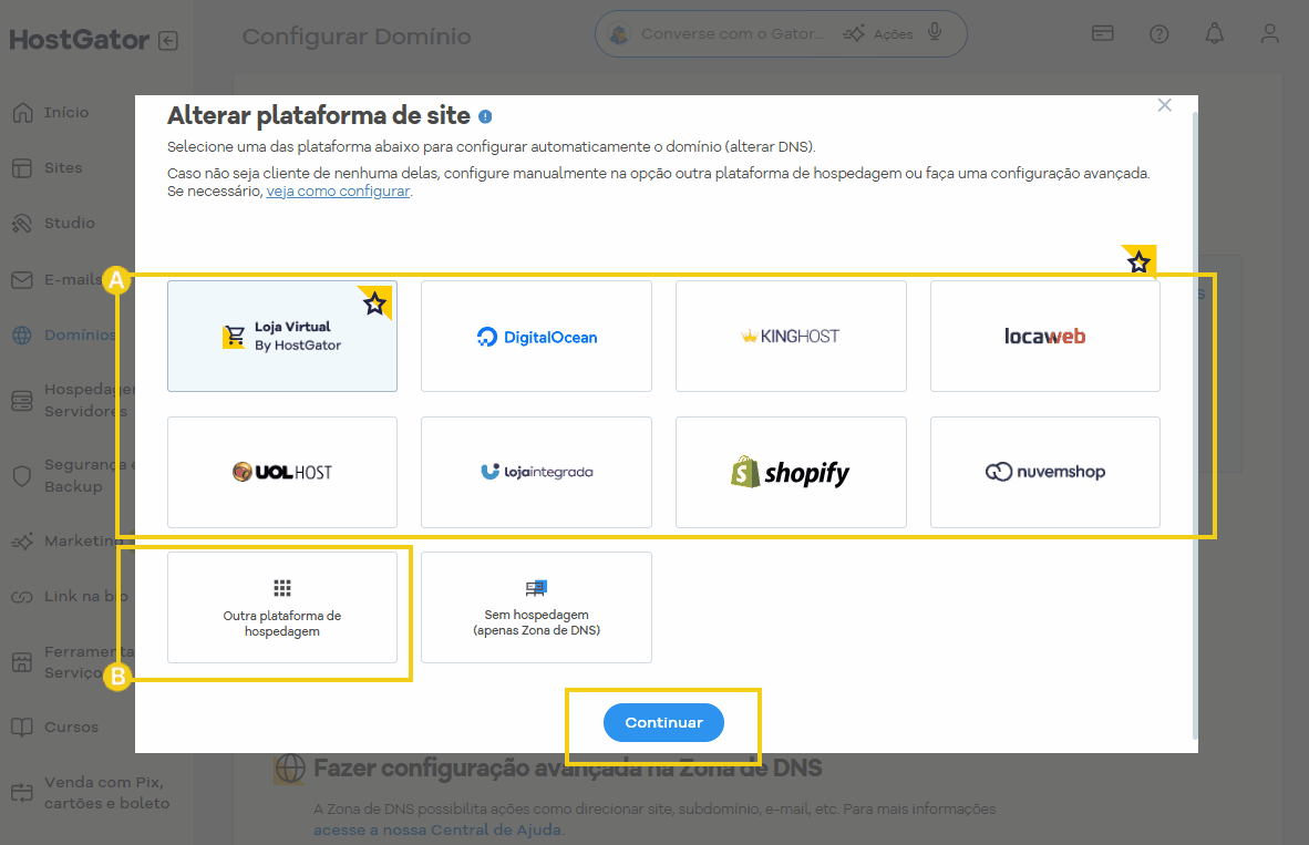  Imagem mostrando opções para alterar a plataforma de hospedagem de site no painel do HostGator, incluindo provedores como Loja Virtual, DigitalOcean, KingHost, Locawweb, UOL Host, Loja Integrada, Shopify, Nuvemshop, além de “outras opções de hospedagem