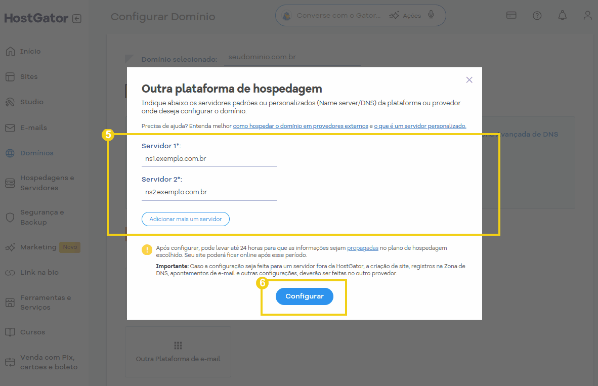 Imagem de configuração de servidores de hospedagem na plataforma HostGator, com destaque para os campos de servidores adicionais e botão de configurar. 
