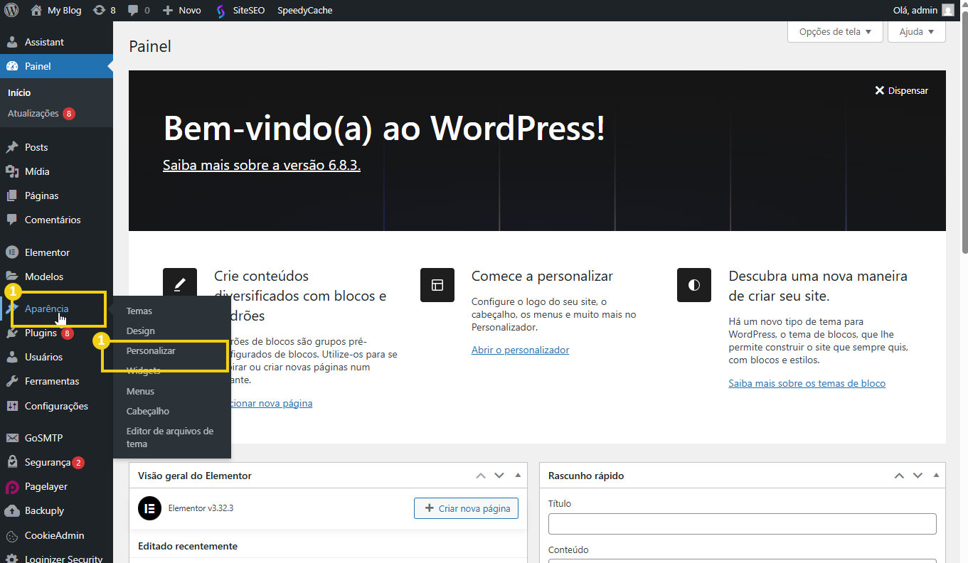 Imagem mostra painel de gerenciamento do Wordpress (wp-admin) destacando a opção Aparencia do menu lateral esquerdo, seguido da opção "Personalizar"