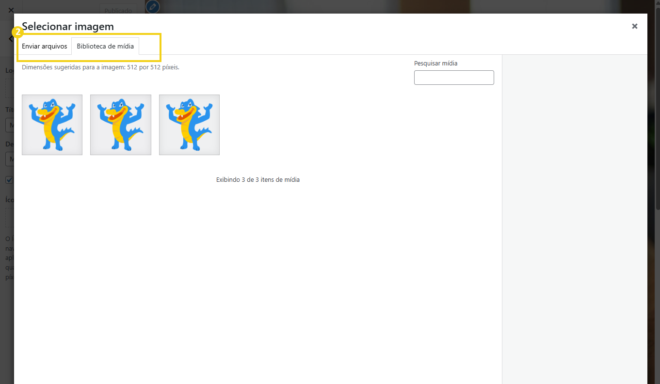  Imagem mostrando o menu de seleção de imagens dentro do WordPress, destacando as informações de Enviar arquivos e Biblioteca de mídia.