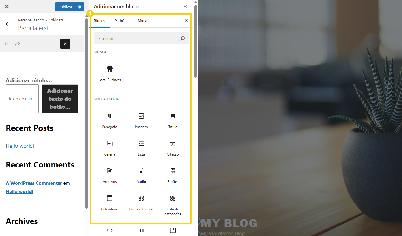: Imagem da tela de seleção de Widgets mostrando as opções que elementos que estão disponíveis para adição dentro do menu de personalização da Barra Lateral no WordPress