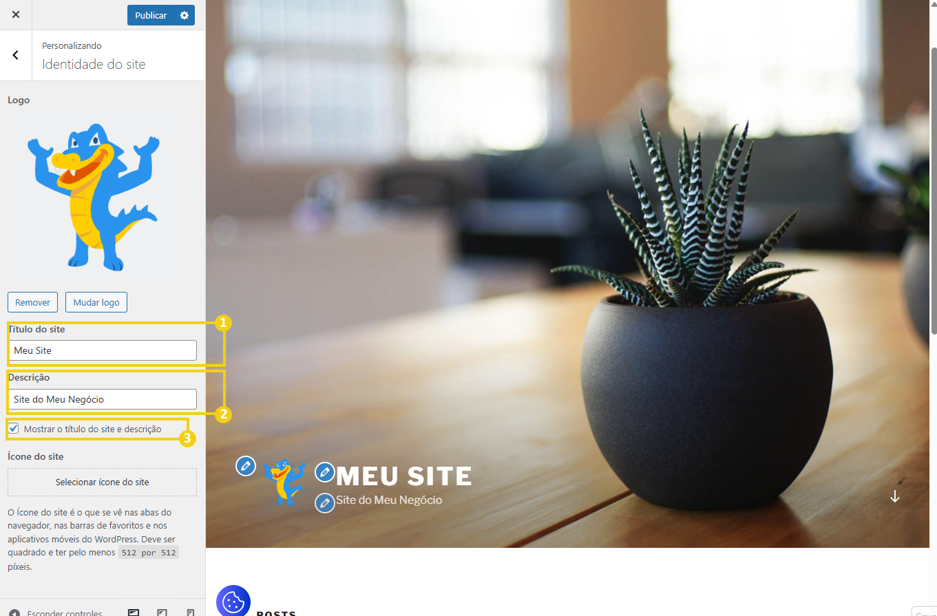  Imagem do menu de personalização da identidade do site destacando as opções de Título do site, Descrição e da caixa de seleção da opção de mostrar o título do site e a descrição na página.