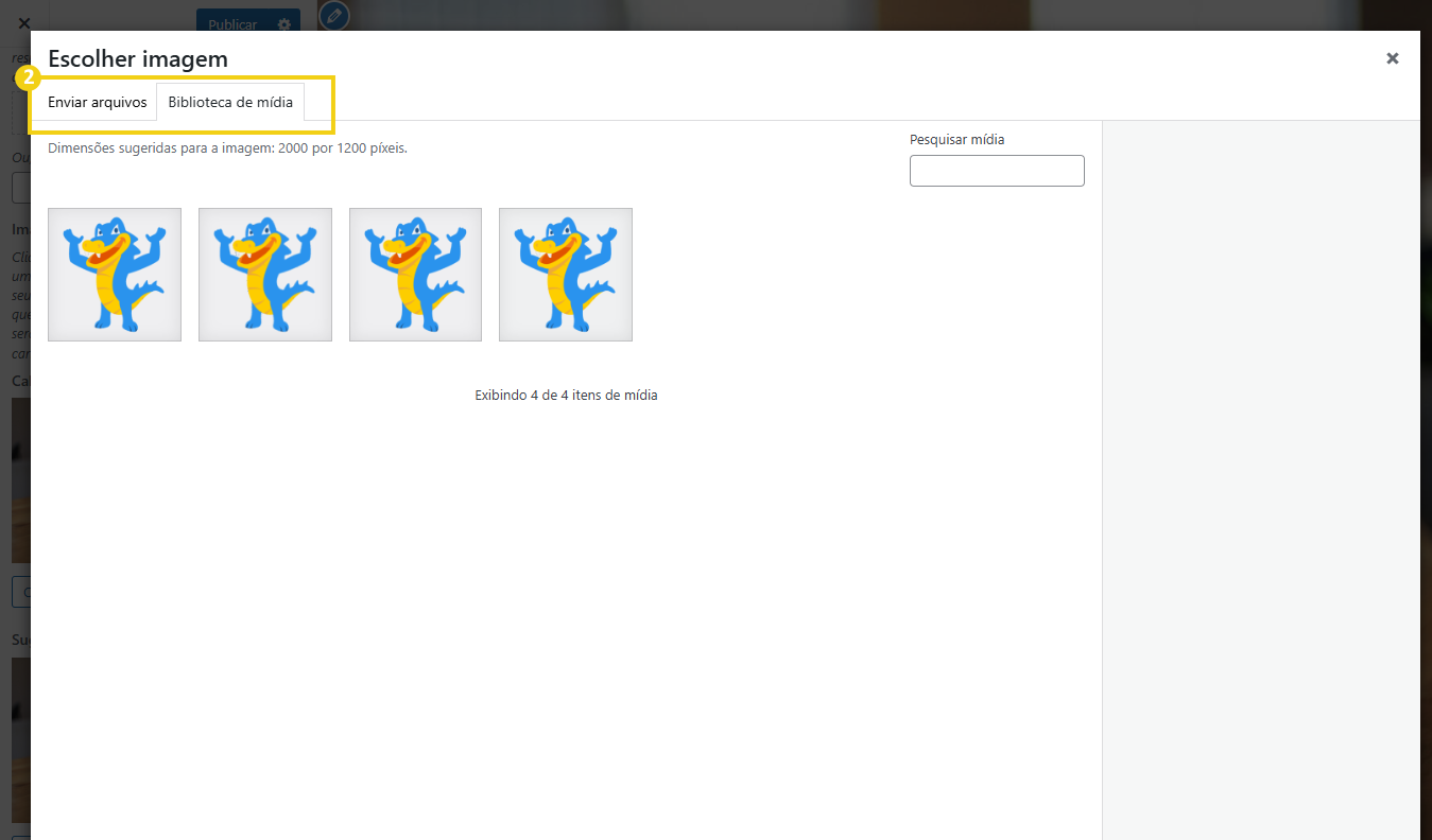 Imagem mostrando o menu de seleção de imagens dentro do WordPress, destacando as informações de Enviar arquivos e Biblioteca de mídia.