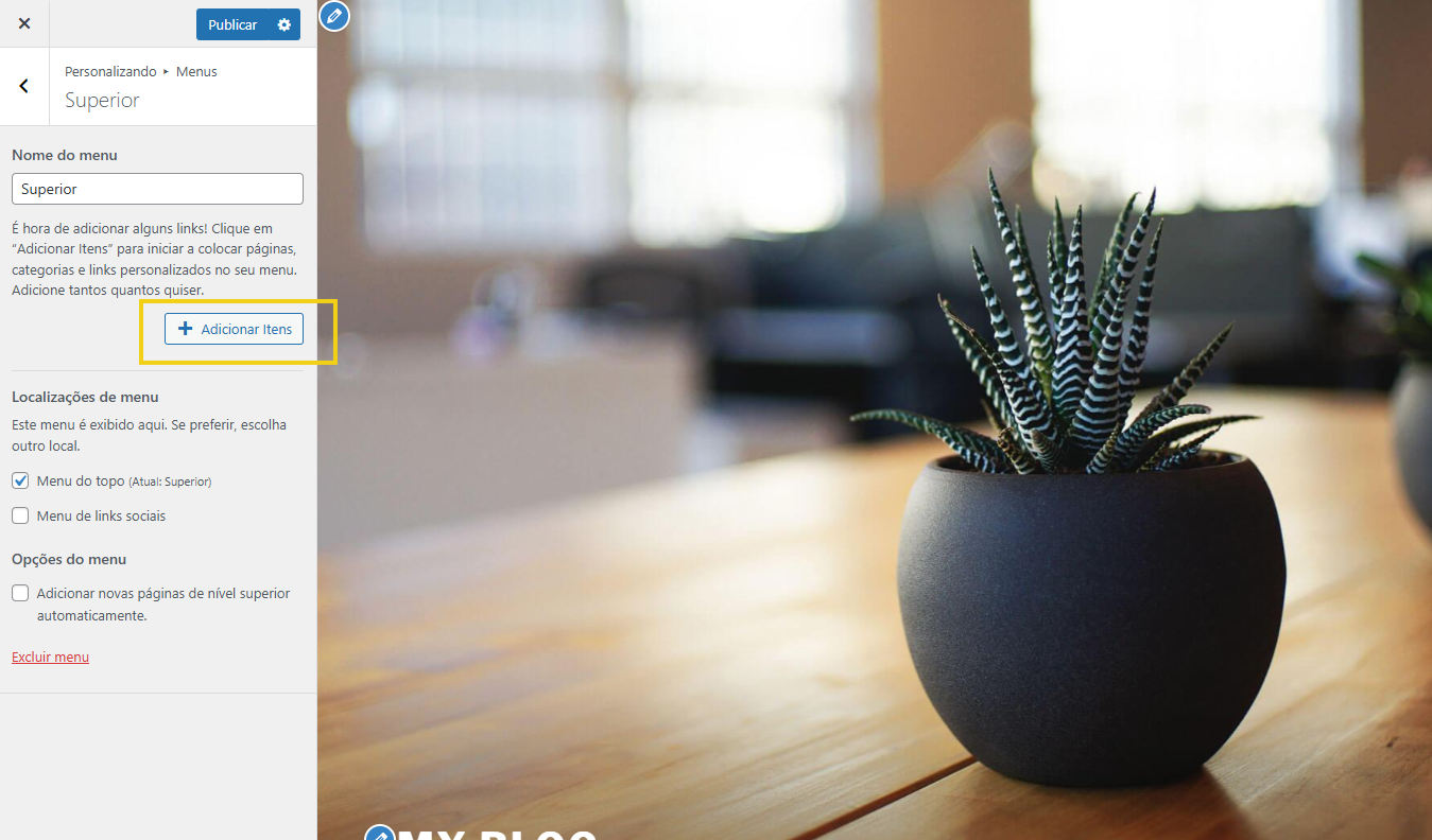  Imagem da página de criação de novo menu, no WordPress, com destaque para a botão de adicionar Itens 