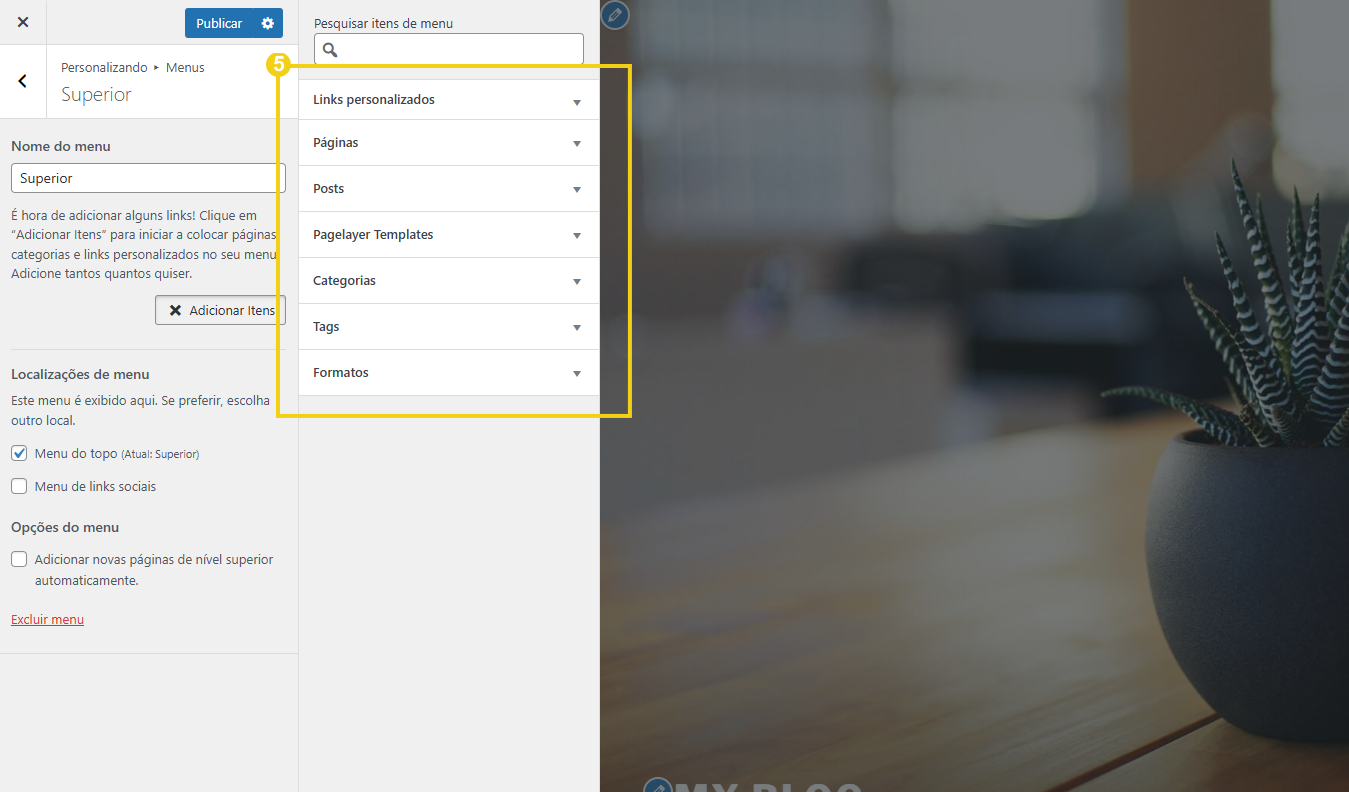  Imagem da página de criação de novo menu, no WordPress, com destaque para todos os tipos de Itens que pode adicionar em um novo