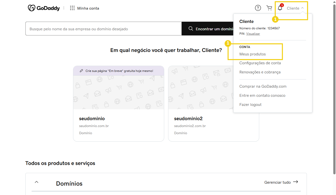 Imagem mostra tela de administração da GoDaddy, com destaque ao ícone localizado no canto superior direito com o nome do cliente, seguido da opção "conta - meus produtos" destacada