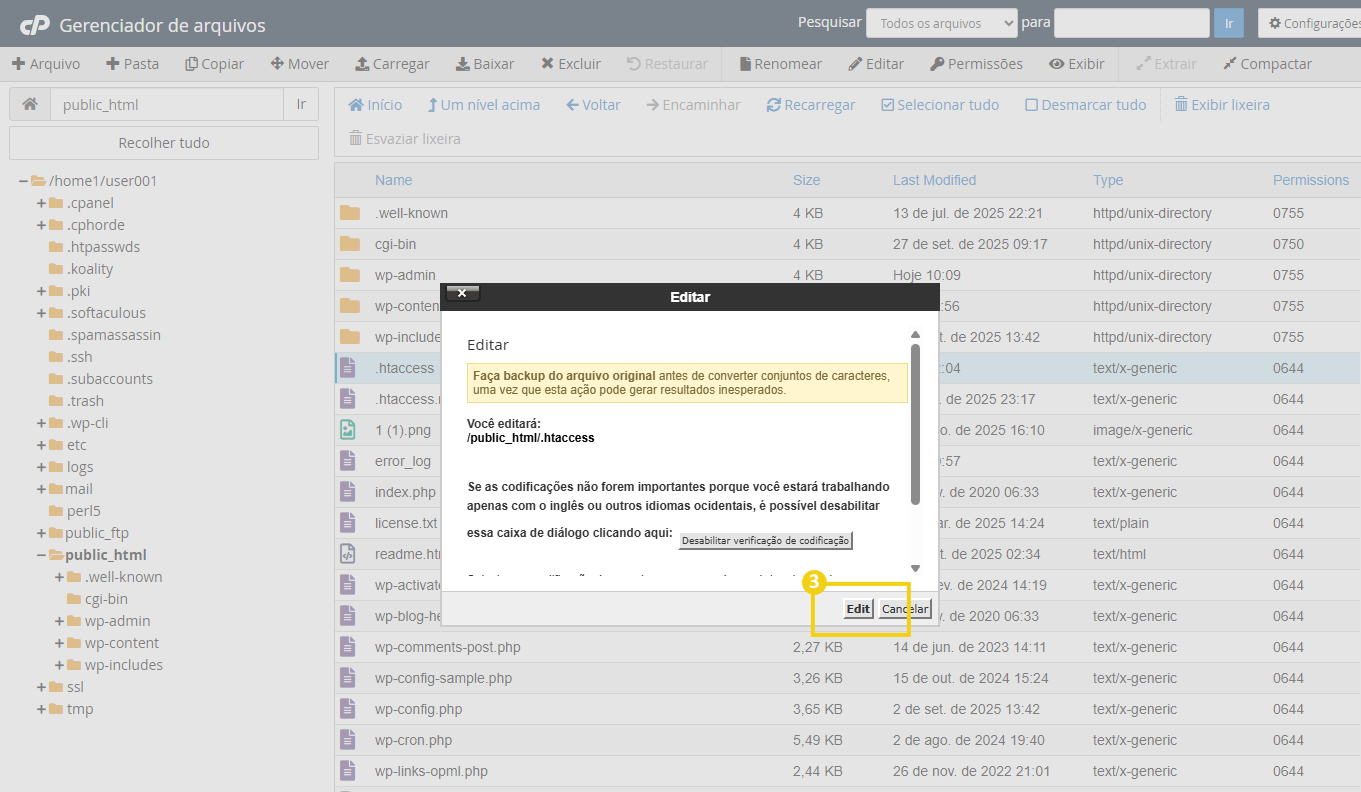 Tela do gerenciador de arquivos do cPanel, com destaque ao botao "Edit"