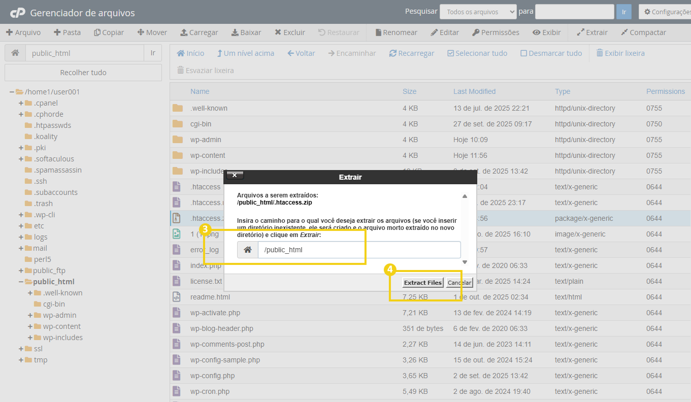 Imagem mostra janela da função de extração do gerenciador de arquivos do cPanel, destacando o caminho a ser salvo e "Extract files"