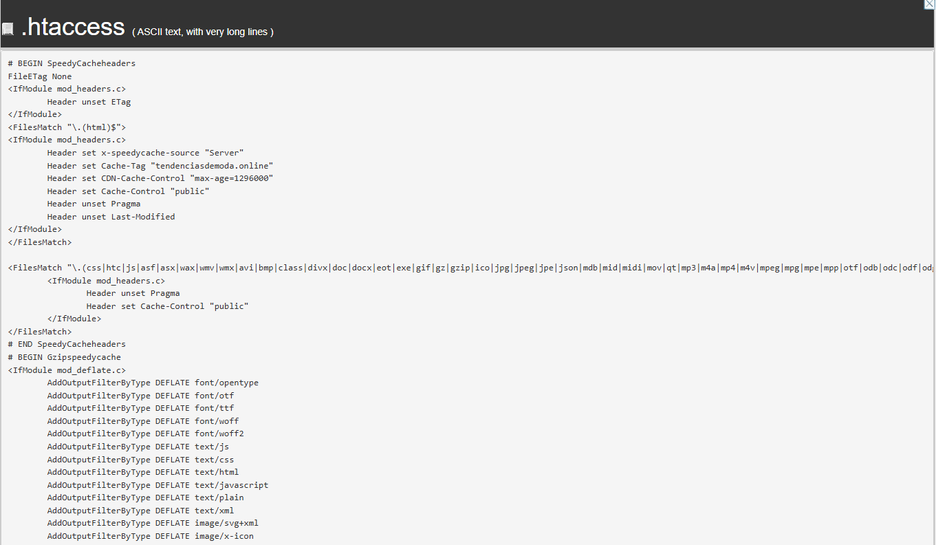 Imagem mostra conteúdo de um arquivo .htaccess com códigos e regras