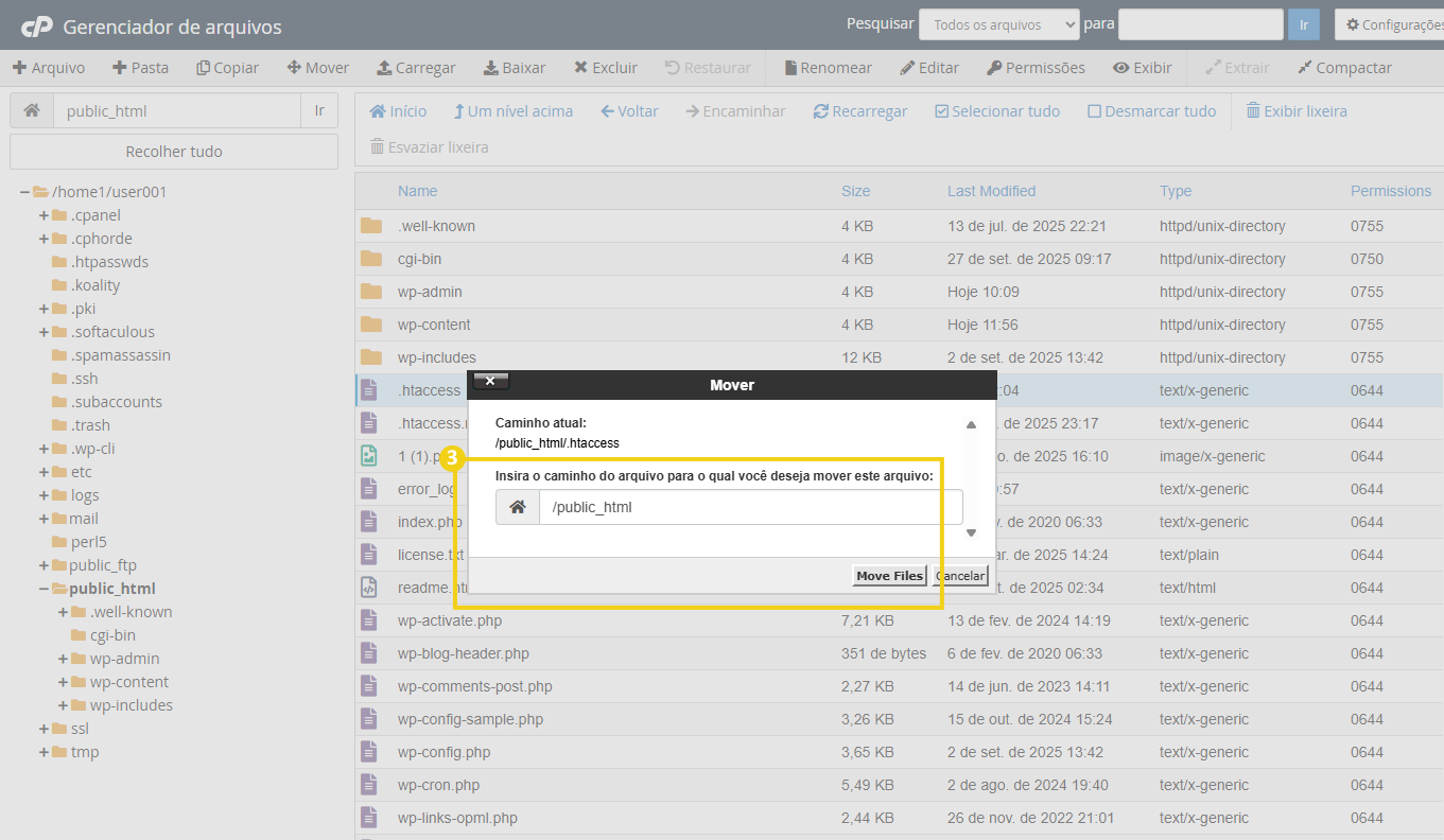 Imagem mostrando o processo de mover arquivos no cPanel, destacando o campo de diretório destino.