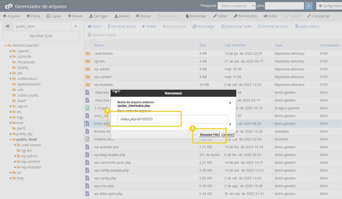 Imagem mostra tela do gerenciador de arquivos do cPanel, destacando campo para renomear arquivo selecionado. 