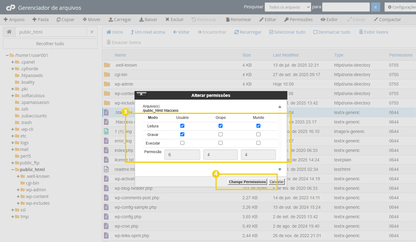 Imagem mostra tela de gerenciamento de permissões do cPanel, com as opções para definição