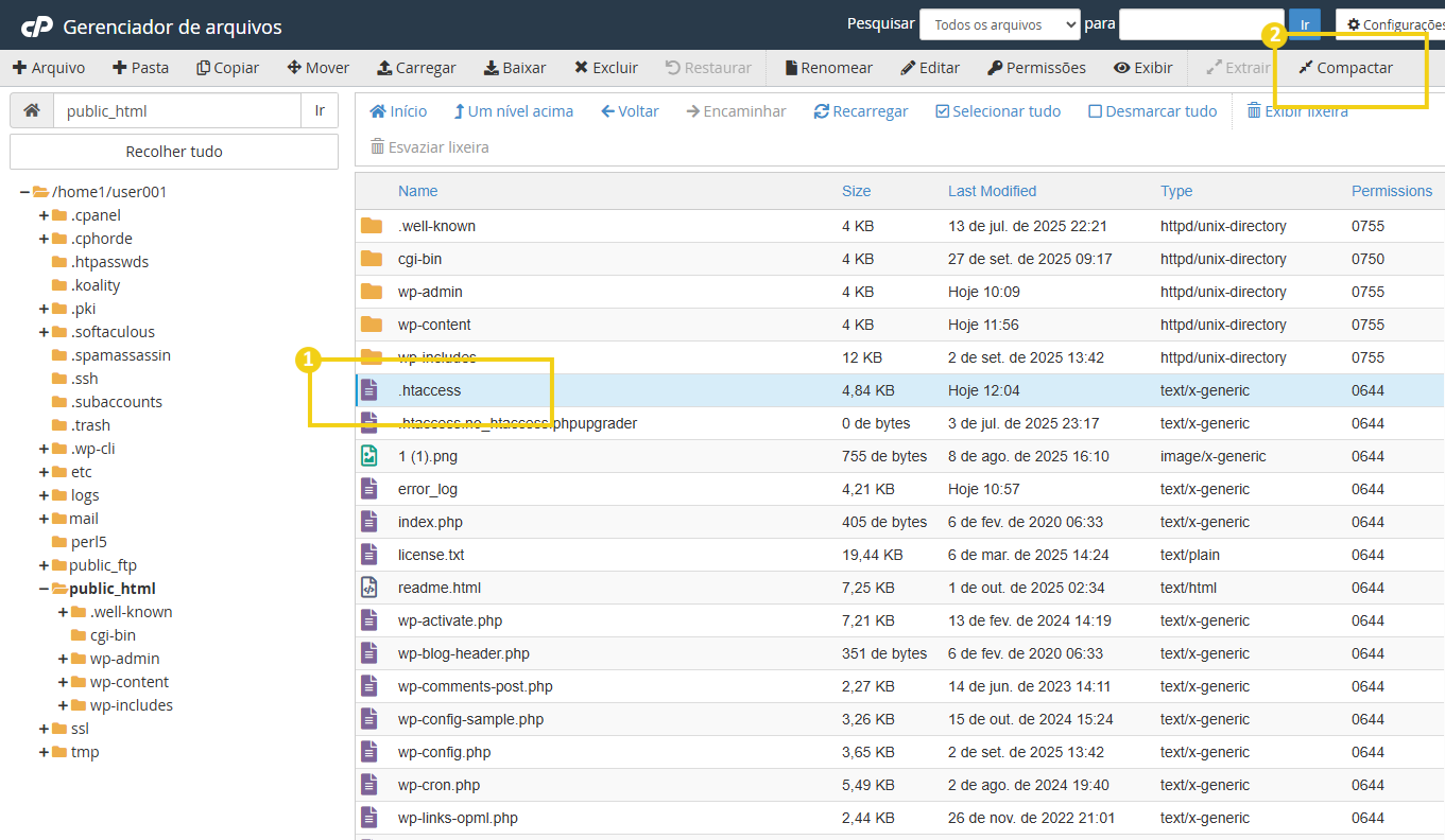 tela do gerenciamento de arquivos do cPanel com a opção compactar destacada