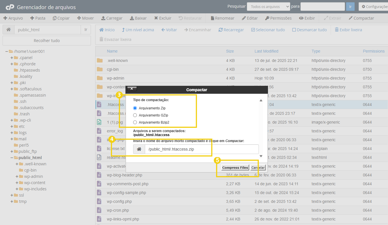Gerenciamento de arquivos do cPanel, com tela de para compactar arquivo, selecionar formato e nome